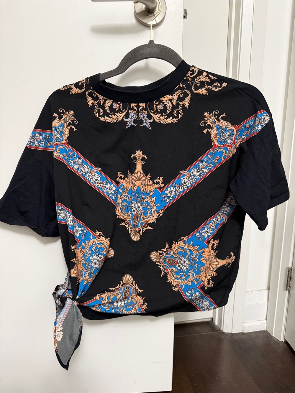 Women’s Black Short Sleeve Tee with Blue & Gold Baroque Print